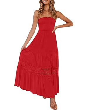 ZESICA Women's 2024 Summer Bohemian Strapless Off Shoulder Lace Trim Backless Flowy A Line Beach ... | Amazon (US)
