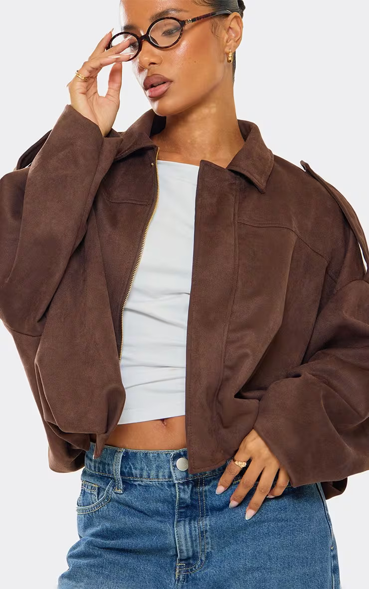 Long Sleeve Zip Up Front Collared Bomber Jacket In Brown Faux Suede | EGO Shoes (US & Canada)