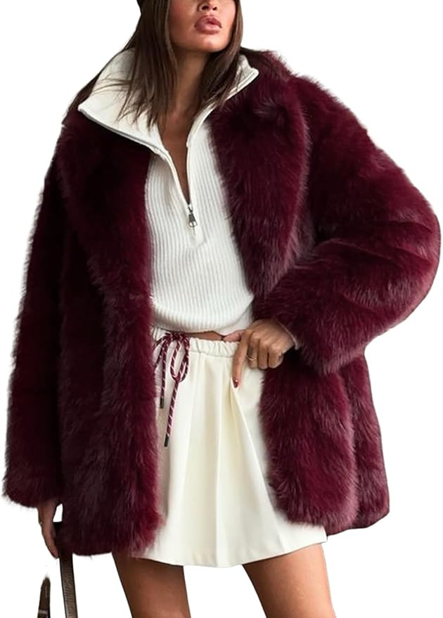 Wyeysyt Womens Faux Fur Coat Long Fluffy Shaggy Jacket Lapel Winter Furry Coats Fuzzy Outerwear | Amazon (US)