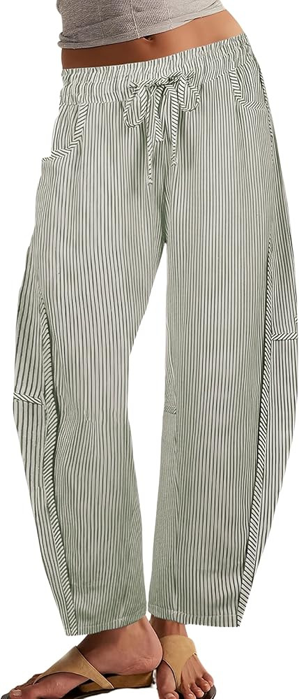 Athlisan Women's Striped Barrel Pants Casual Drawstring Elastic Waisted Wide Leg Baggy Jeans with... | Amazon (US)
