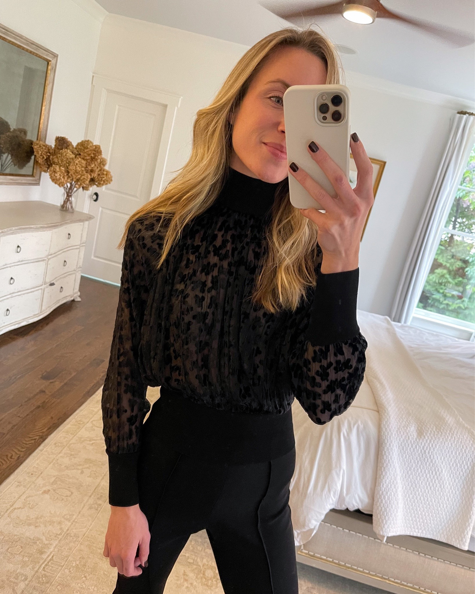 Tory Burch date night top $200 off ✨ This is GORGEOUS on and can go from the office to date night to girls night. Velvet floral pattern. I wear size 2.