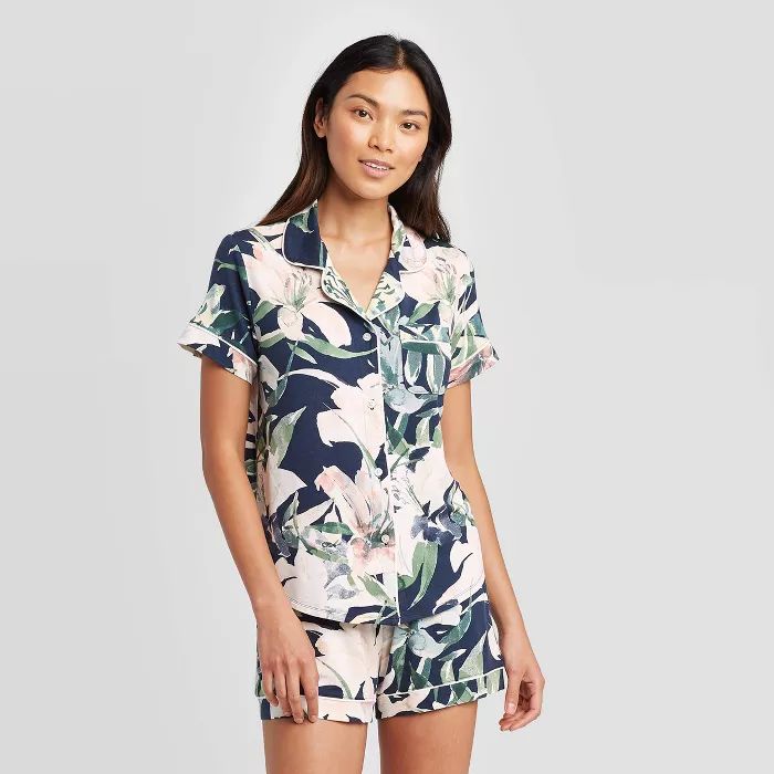 Women's Floral Print Beautifully Soft Notch Collar Pajama Set - Stars Above™ Blue | Target