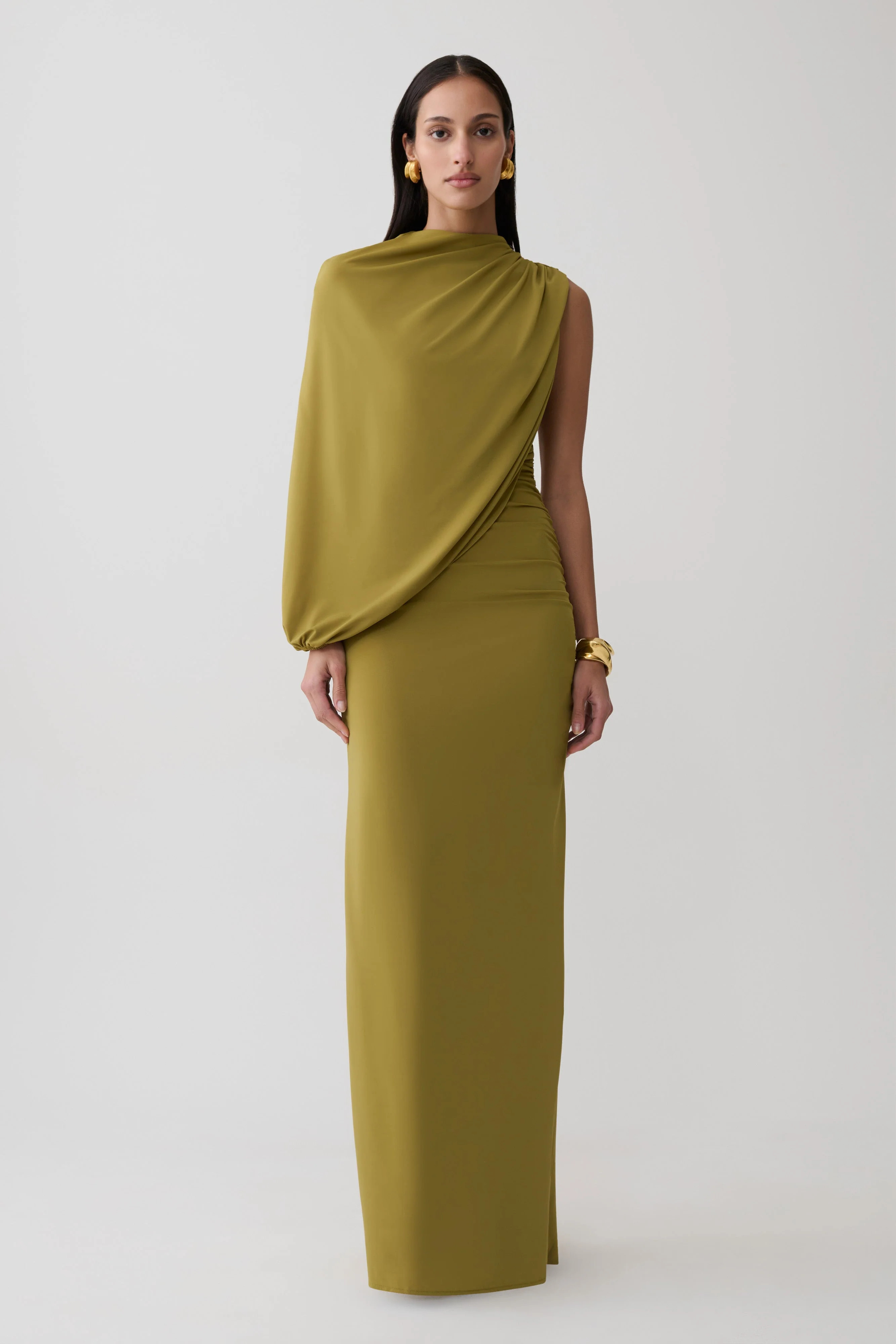 Yuri Gather Sleeve Maxi Dress - Martini Olive | Meshki UK