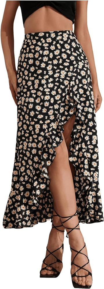 MakeMeChic Women's Boho Floral High Waisted Ruffle Skirt Split Thigh Swing Summer Maxi Long Skirt | Amazon (US)
