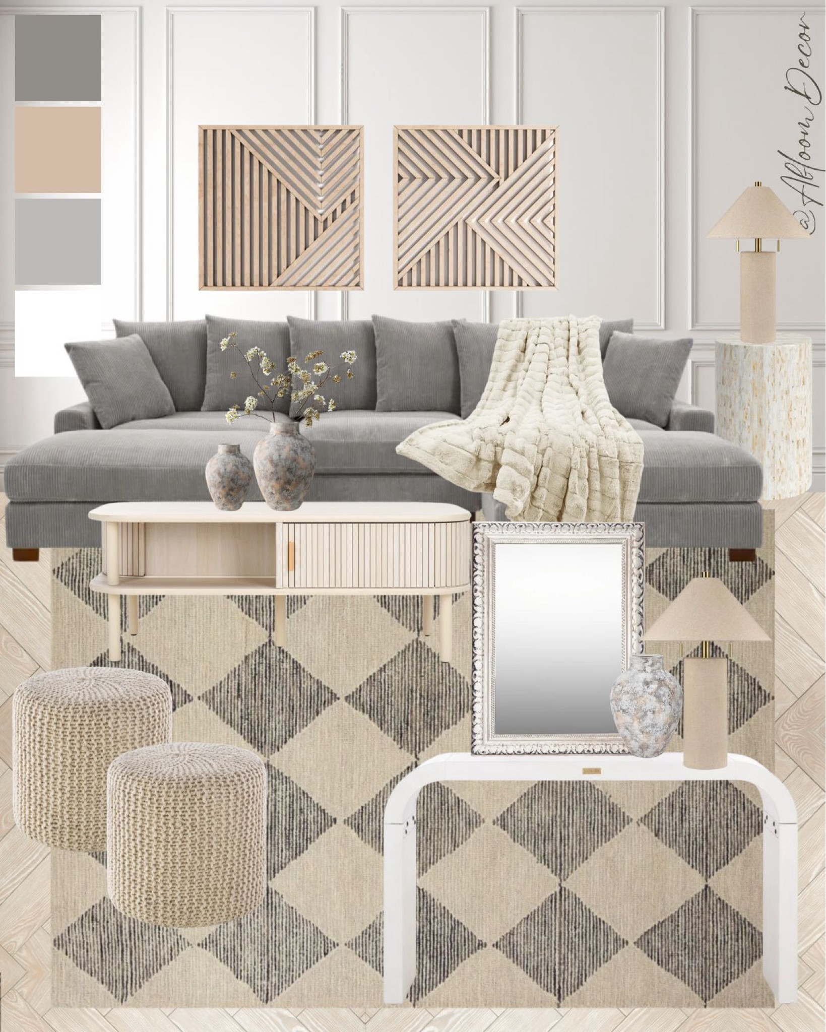 This neutral living room design captures a perfect balance of modern and cozy charm. The soft gray sectional sofa provides ample seating and a relaxed vibe, complemented by a geometric patterned rug in muted tones.

#LTKHome