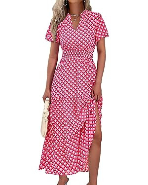 MASCOMODA Summer Maxi Dress for Women 2024 Casual V Neck Puff Short Sleeve Smocked Ruffle Flowy B... | Amazon (US)