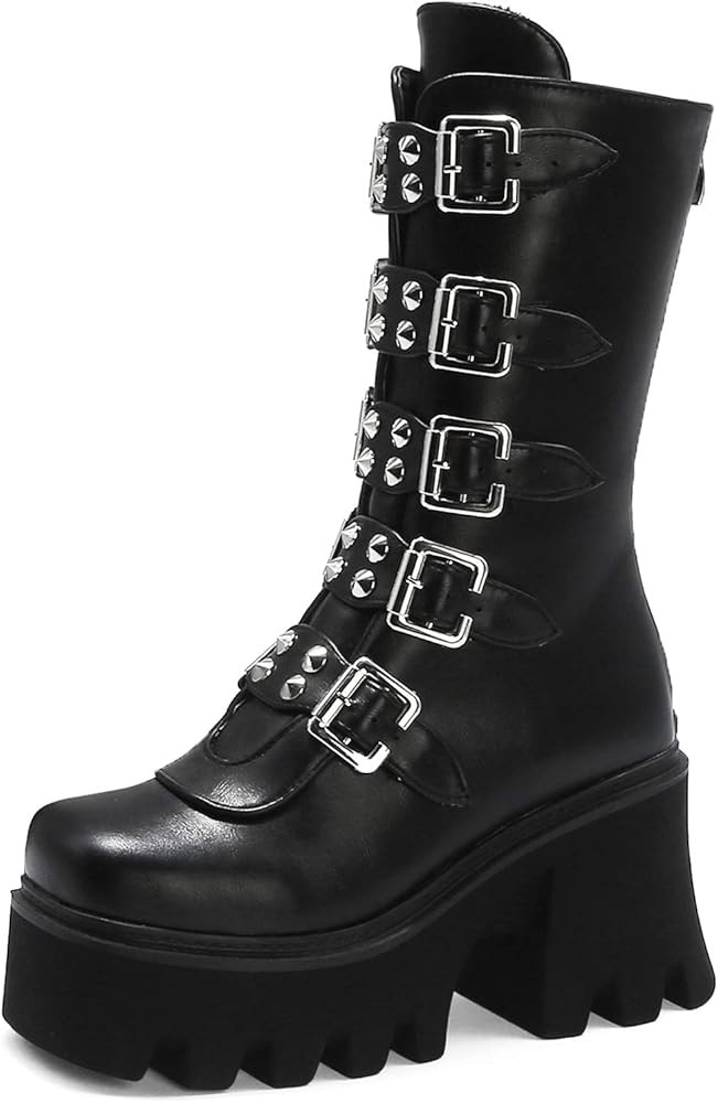 YIYA Black Platform Goth Boots for Women Studded Wide Mid Calf Combat Punk Boots Round Toe Buckle... | Amazon (US)