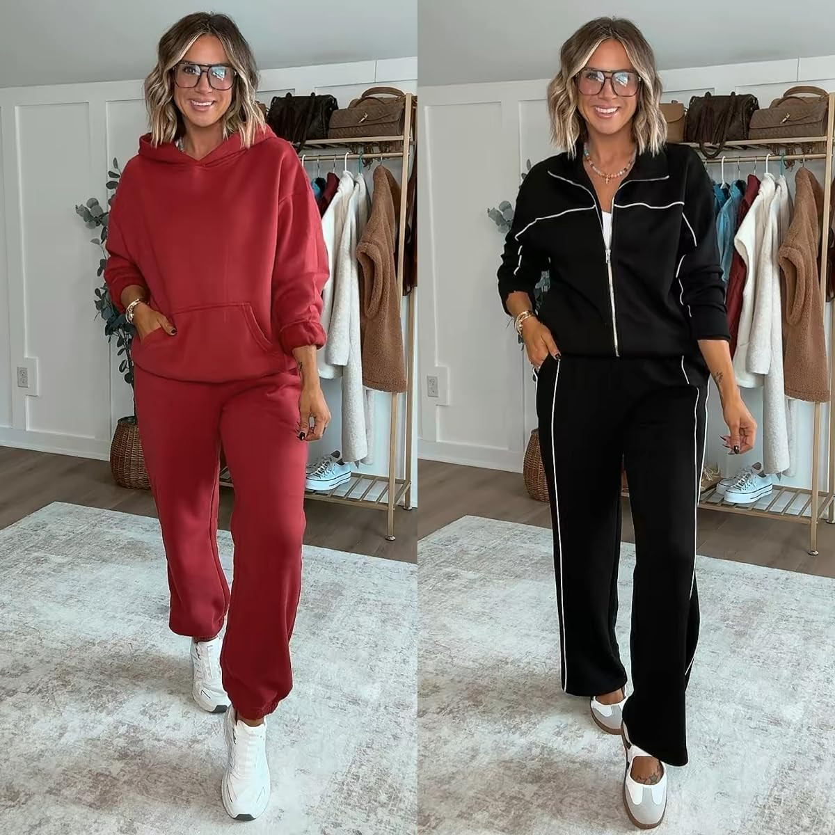 Two fall sweat sets for those days when jeans just piss you off 😂 Throw on one of these matching sets for an easy mom outfit, and look like you put in the effort. I am 5’6 143lbs wearing size medium in sets, shoes fit true ton size, small white tank with built in bra 

 #LTKmomlife #LTKSeasonal #LTKActive