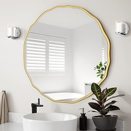 H HOMEWINS 28" Circle Wall Mirror,Gold Waved Edge Decorative Round Wall Mirror,Irregular Farmhous... | Amazon (US)