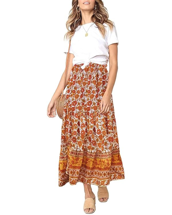 MEROKEETY Women's Boho Floral Print Elastic High Waist Pleated A Line Maxi Skirt | Amazon (US)