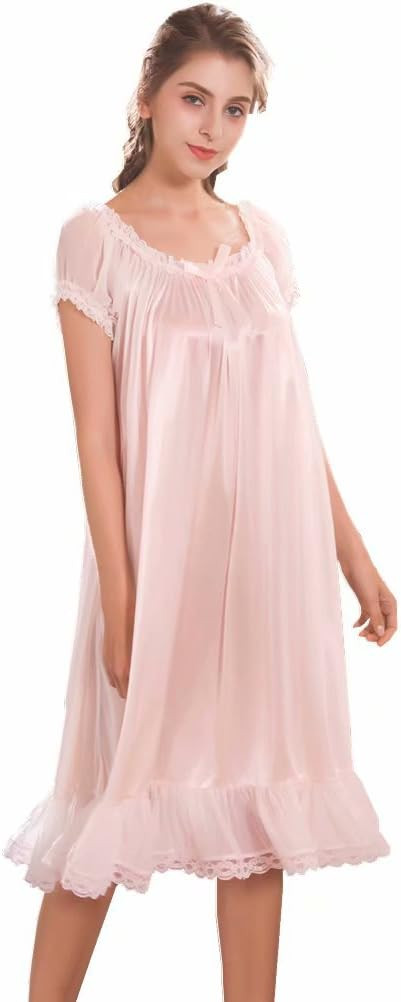 Flwydran Women's Nightgowns Short Sleeve Satin Silk Plus Size Pink Victorian Nightdress | Amazon (US)