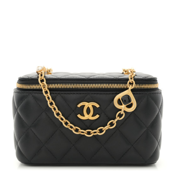 Lambskin Enamel Pearl Quilted Small Charm Me Vanity Case With Chain Black | FASHIONPHILE (US)