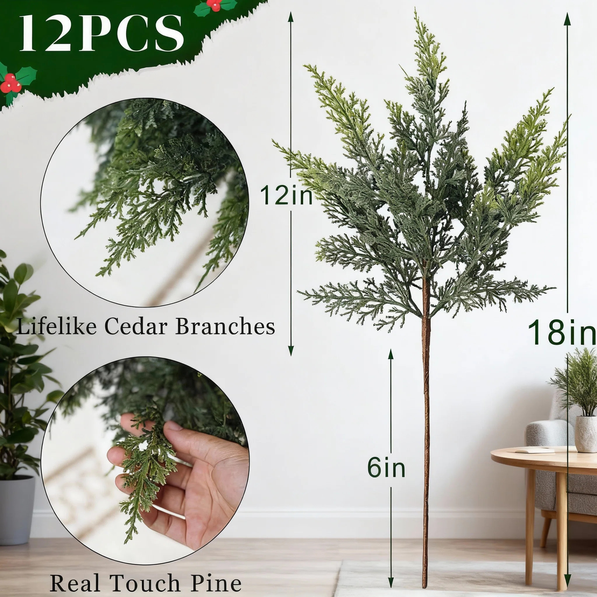 18" Real Touch Artificial Cedar Branches - 12 Pcs, Fake Pine Picks For Christmas Decorations | Va... | Wayfair North America