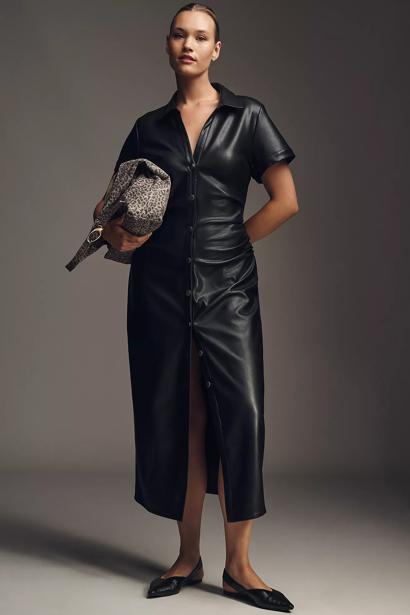 Pilcro Faux-Leather Short-Sleeve Ruched Midi Shirt Dress | Anthropologie (US)