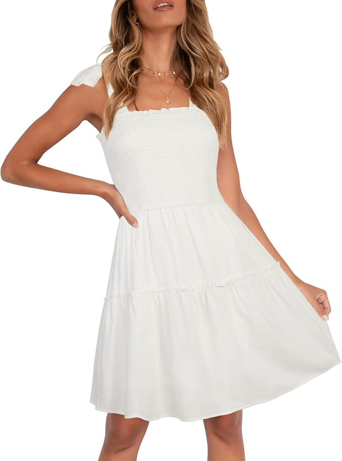 ZESICA Women's Summer Spaghetti Strap Sleeveless Square Neck Ruffle A Line Swing Mini Dress | Amazon (US)