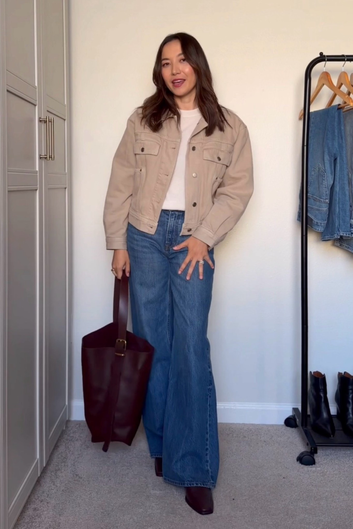 Fall outfit / casual chic fall outfit with boots

Denim jacket xs - boxy fit, runs oversized, on sale
Abercrombie jeans - sized down one, 24 regular, on sale 
Steve Madden define booties 
Madewell tote — linked to this year’s style