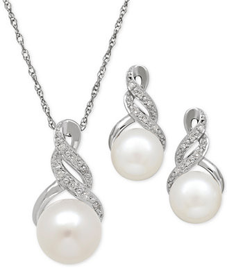 Cultured Freshwater Pearl (8 & 9mm) and Diamond Accent Pendant Necklace and Earrings Set in Sterl... | Macy's