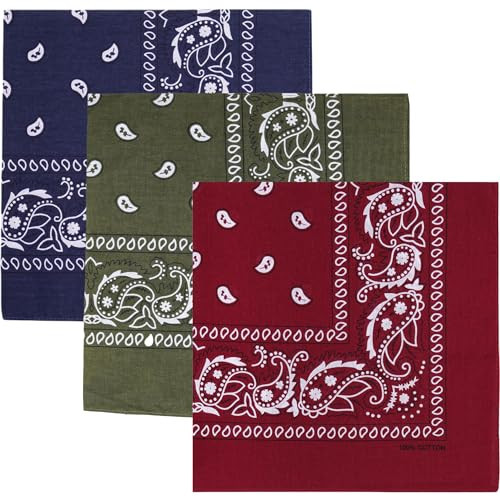 Raylarnia 100% Cotton Large Bandanas for Men and Women, 22 Inch Paisley Bandana with Multiple Colors (Burgundy/Army Green/Navy Blue) | Amazon (US)