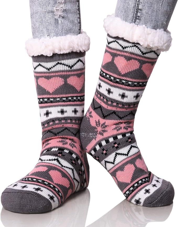 Dosoni Women's Winter Snowflake Fleece Lining Knit Thick Warm Christmas Slipper Socks | Amazon (US)