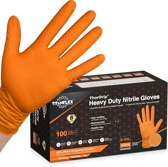 TitanFlex Thor Grip Heavy Duty Industrial Orange Nitrile Gloves with Raised Diamond Texture, 8-mi... | Amazon (US)