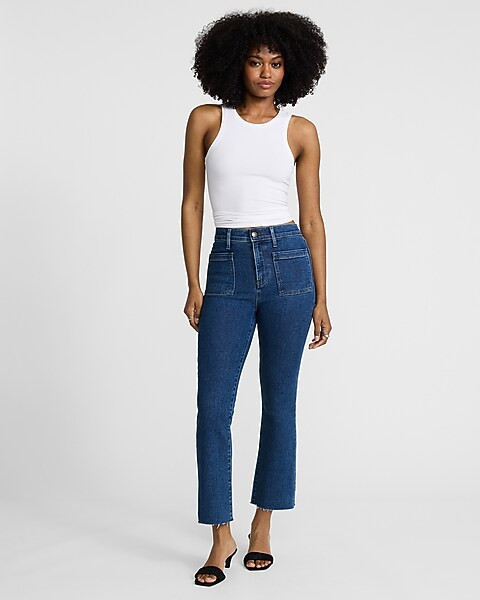 High Waisted Patch Pocket Hyper Sculpt Cropped Flare Jeans | Express