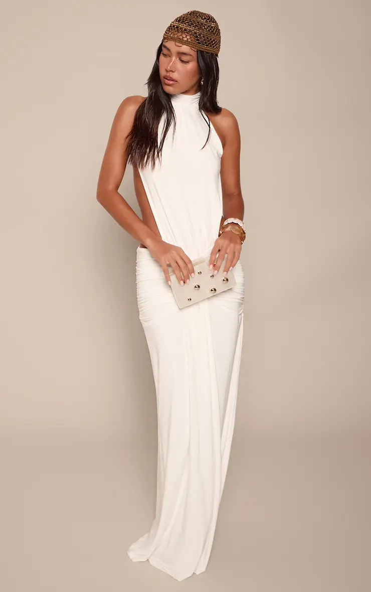 White Slinky High Neck Drape Detail Backless Maxi Dress | PLT | PrettyLittleThing UK