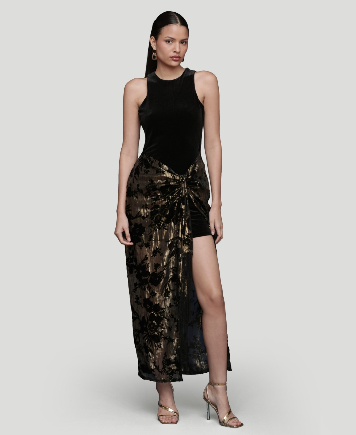 Avec Les Filles Women's Sarong Combo Fringe Drape Dress - Black Gold | Macy's