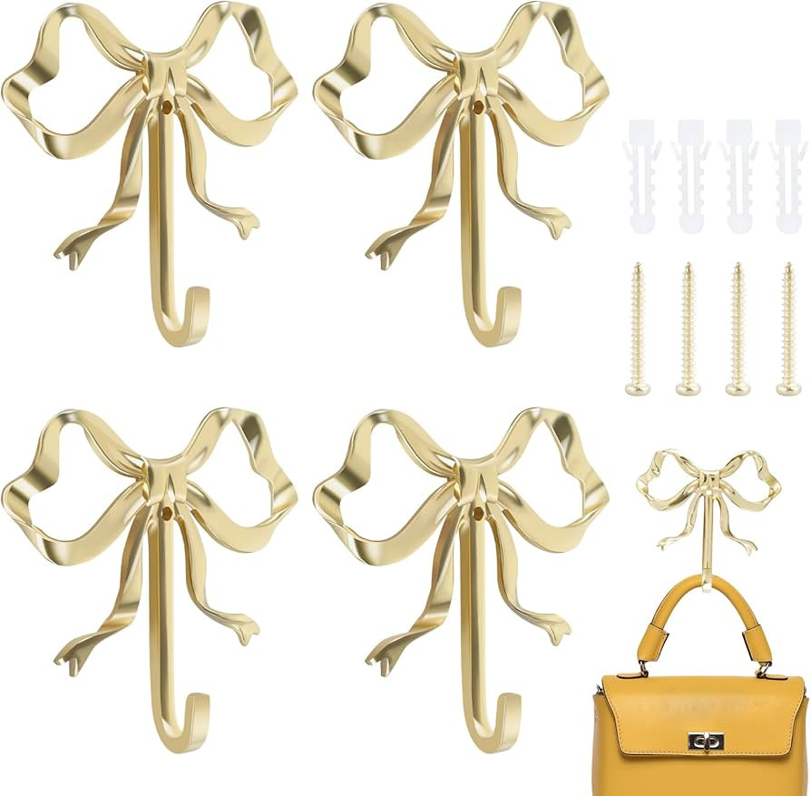 4 Pcs Bow Hook, Gold Bow Knot Hooks, Sturdy Brass Bow Hook Towel Robe Hook, Bow Door Hanger Hooks... | Amazon (US)
