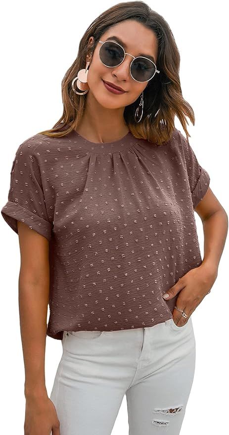Milumia Women's Casual Swiss Dots Chiffon Ruffle Front Short Sleeve Work Office Blouse Top Green ... | Amazon (US)