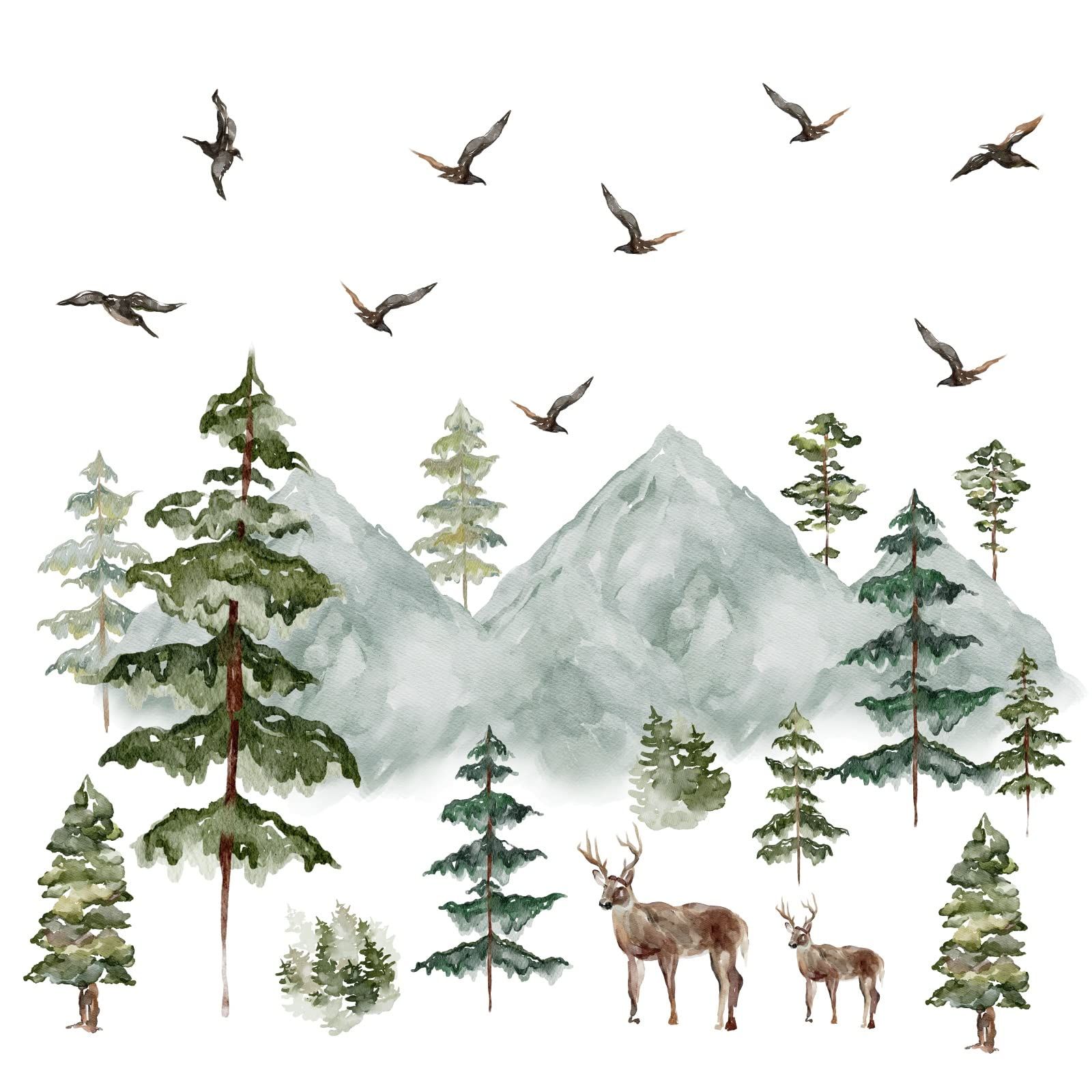 Mountain Wall Decals Large Pine Tree Wall Decals Peel and Stick Forest Tree Woodland Deer Birds A... | Amazon (US)