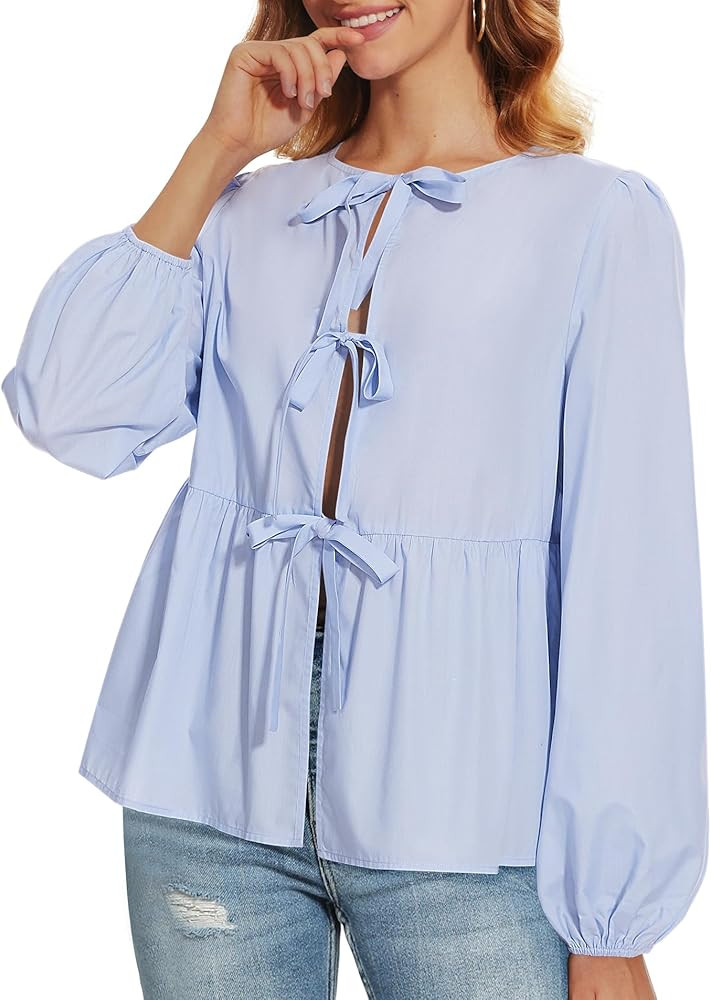 Tie Front Tops for Women Puff Long Sleeve Shirt Peplum Hem Cute Babydoll Blouse Y2k Going Out Top... | Amazon (US)