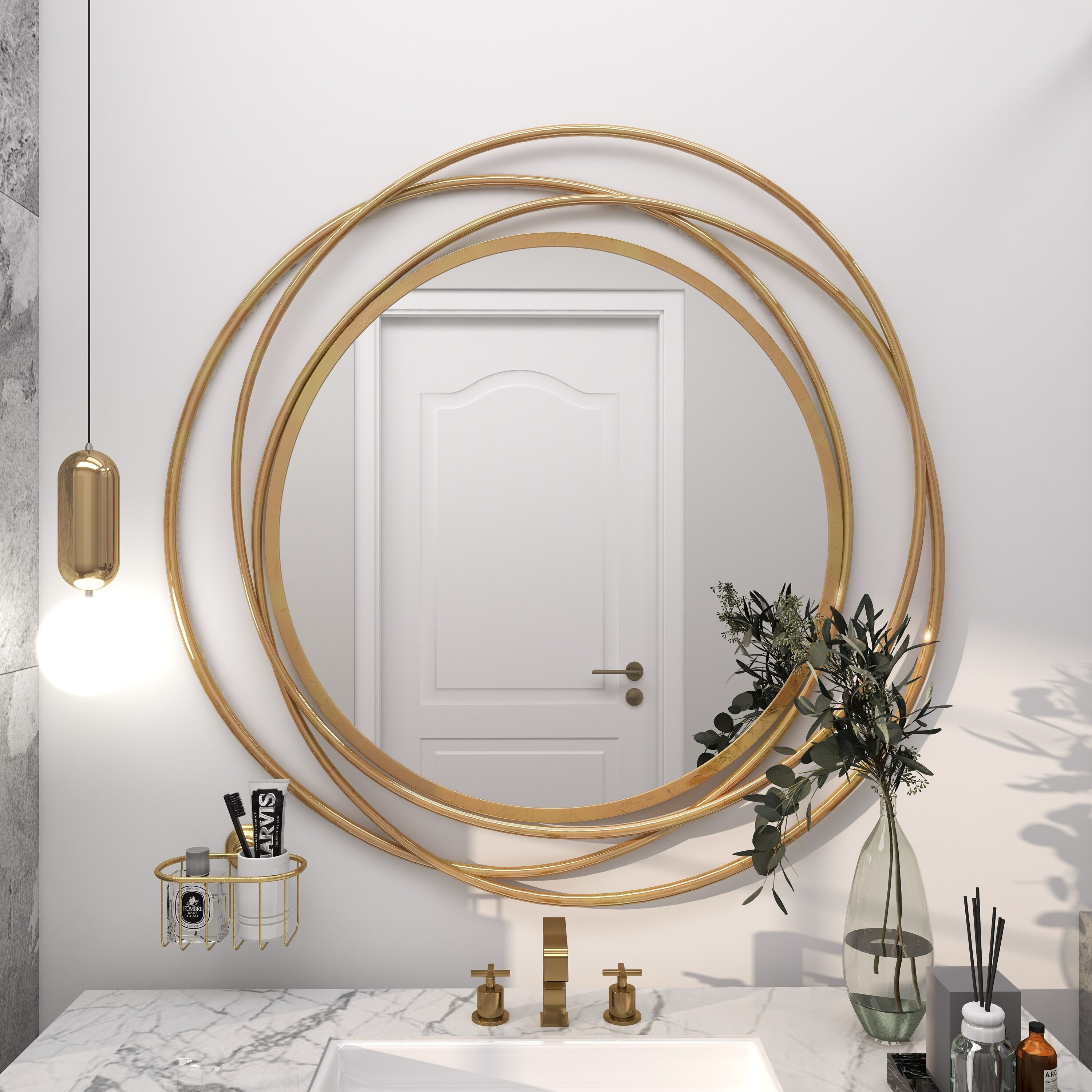 Grayson Lane 41-Inches W x 41.0-Inches H Round Gold with Overlapping Circles and Foiled Finish Framed Wall Mirror | 84828 | Lowe's