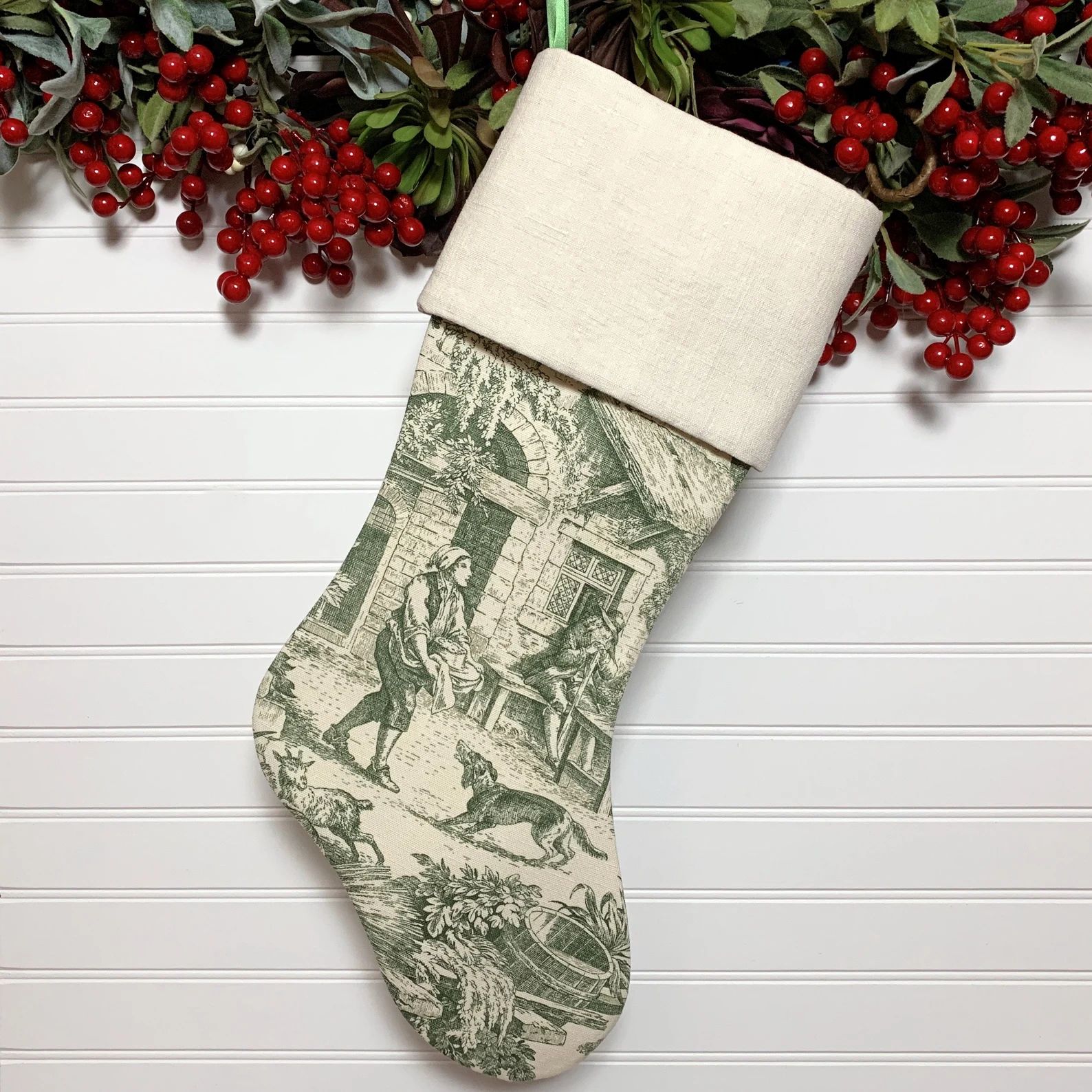 Green Toile Christmas Stocking With Antique French Handwoven - Etsy | Etsy (US)