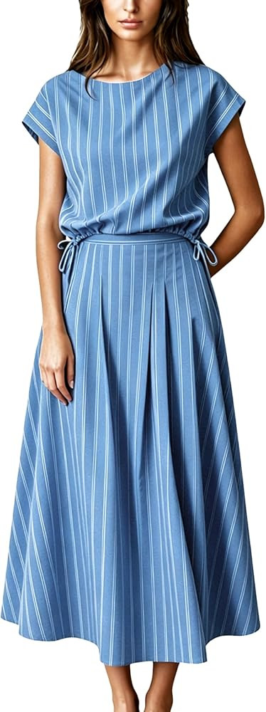 Wanzetaly Women's Summer Striped 2 Piece Skirt Sets Cap Sleeve Top Maxi Dress Matching Set Travel Outfits with Pockets | Amazon (US)
