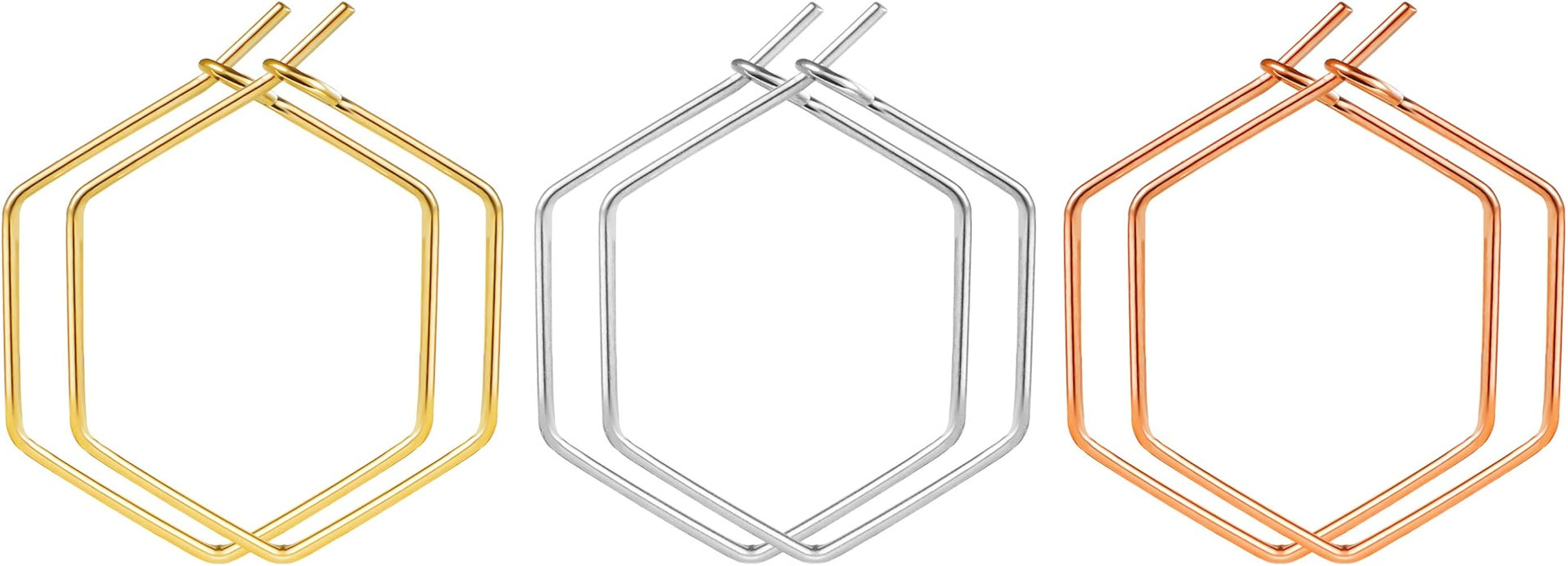 Wowshow 3 Pairs Stainless Steel Geometric Hexagon Hoop Earrings Set for Sensitive Ears | Amazon (US)