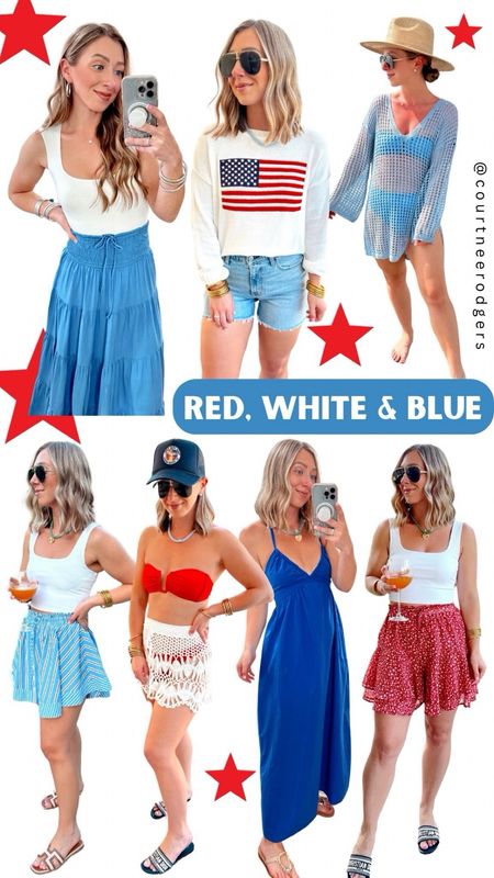 Memorial Day Outfit Inspiration ❤️💙🇺🇸
Top
Outfit 1: small bodysuit / small skirt
Outfit 2: XS sweater (runs big) /4/27 shorts
Outfit 3: size small coverup
Bottom
Outfit 1: small skort/ small tank
Outfit 2: small swimsuit/ medium skirt
Outfit 3: XS dress 
Outfit 4: small skort/ small tank


Memorial Day, Fourth of July, Patriotic, Red white and blue 

#LTKSaleAlert #LTKFindsUnder100 #LTKSwim