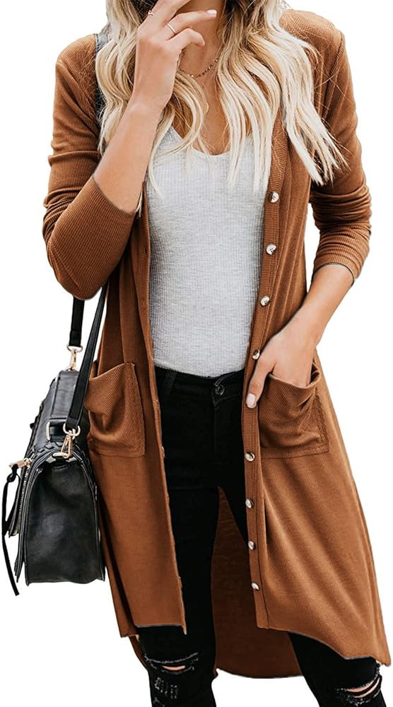 Amazon.com: Naggoo Women's Long Cardigans Button Down High Low Solid Knit Loose Cardigans with Po... | Amazon (US)