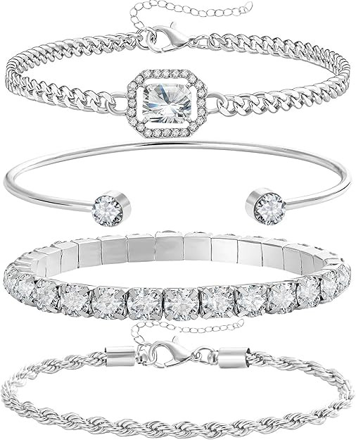 4 Pcs Dainty Gold Silver Bracelets Set for Women 14K Plated Link Cubic Zirconia Paperclip Stake L... | Amazon (US)