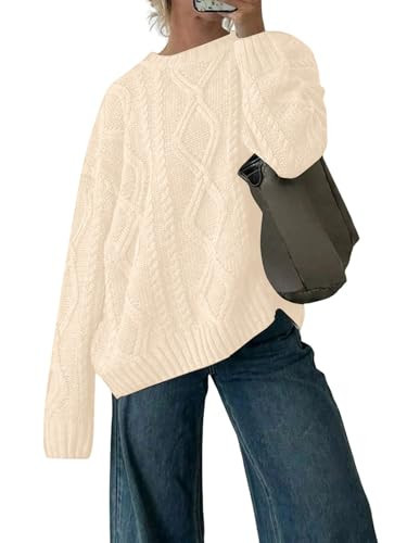ZAFUL Cable Knit Sweaters for Women Crewneck Casual Knit Pullover Sweater Long Sleeves Jumper Tops Cream L | Amazon (US)