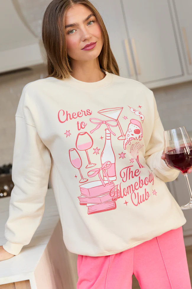 Cheers To The Homebody Club Cream Graphic Sweatshirt | Pink Lily