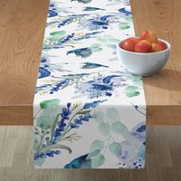 Watercolor Birds Table Runner - Hummingbirds By Dawn Leblanc Blue Green Purple Floral Botanical Cott | Etsy (US)