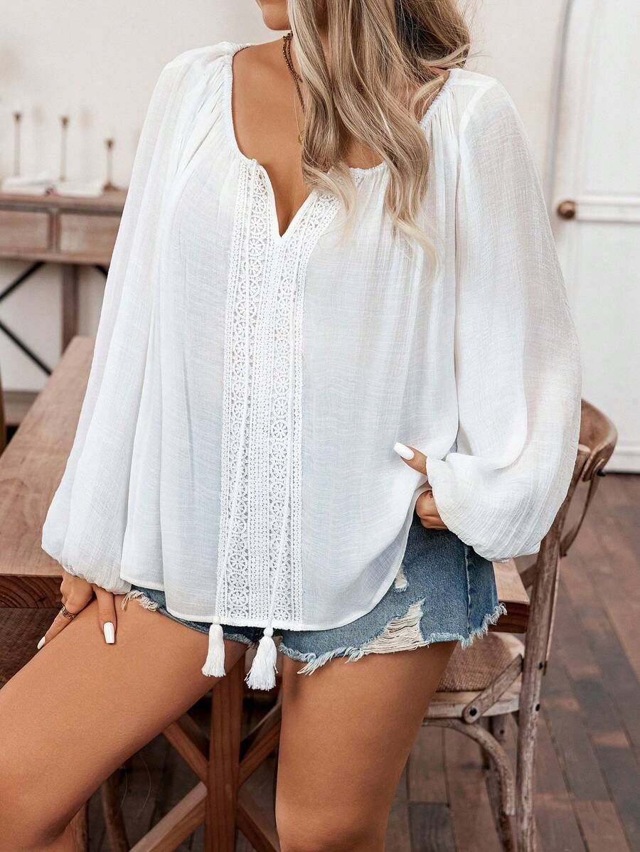 SHEIN Clasi Plus Size Women's Lantern Sleeve Shirt With Tassel Decoration Fall Cloth For Women | SHEIN