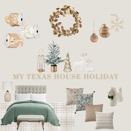 Beautiful Christmas Decor // My Texas House// Gold and Sage, Christmas Decor, Holiday bedding, throw pillow, lamp, wreath, deer, lantern, ornaments, ribbon, gold tree, sage tree, rug, dog plush, comforter 

#LTKhome #LTKHoliday #LTKSeasonal