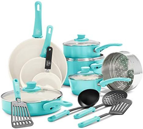 GreenLife Soft Grip Healthy Ceramic Nonstick, Cookware Pots and Pans Set, 16 Piece, Turquoise | Amazon (US)