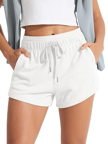 ODODOS Women's Sweat Shorts with Pockets Cotton French Terry Drawstring Summer Workout Casual Lounge Shorts, White, Large | Amazon (US)