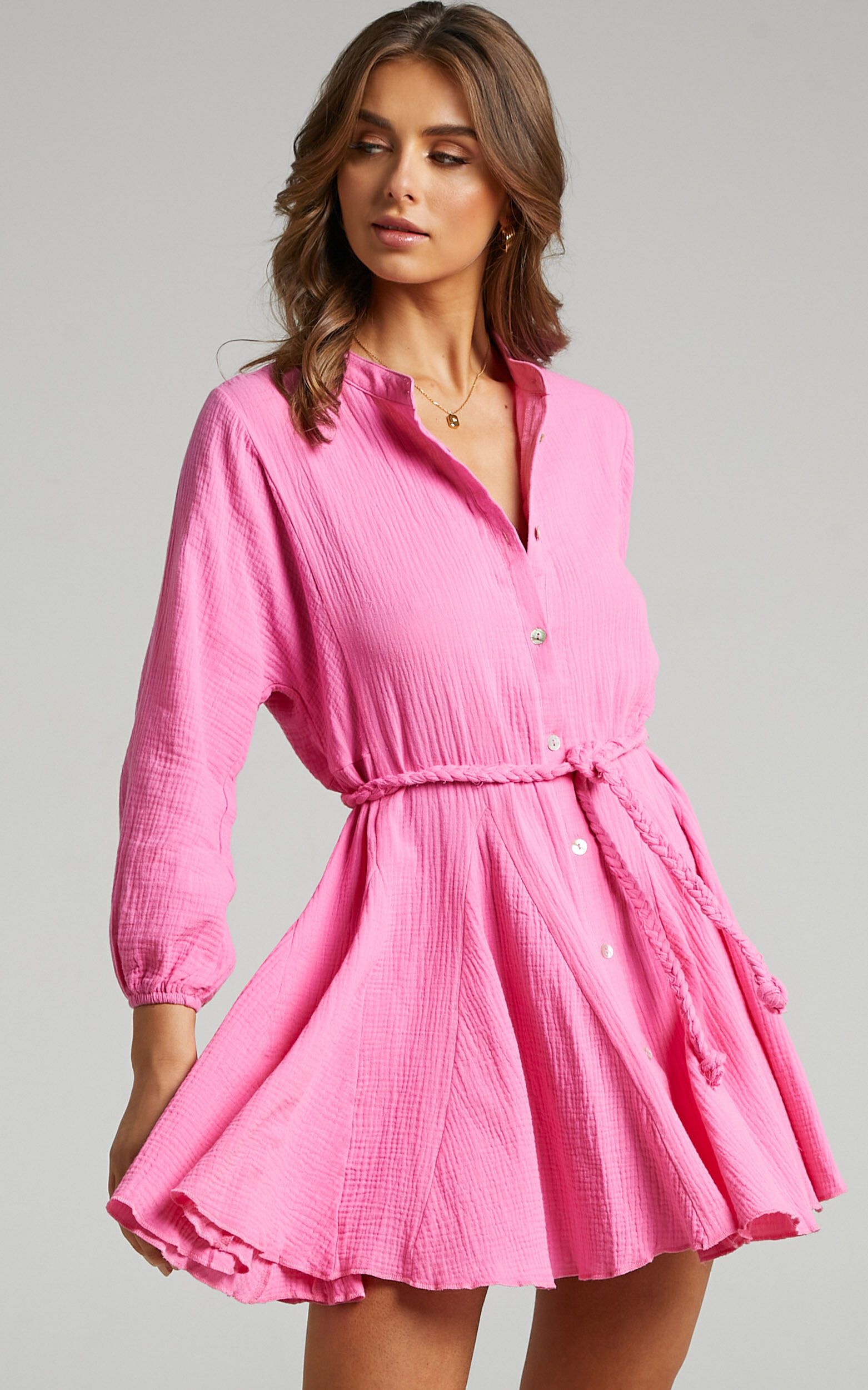 Raphaelle Long Sleeve Button Up Mini Dress in Pink | Showpo | Showpo - deactived