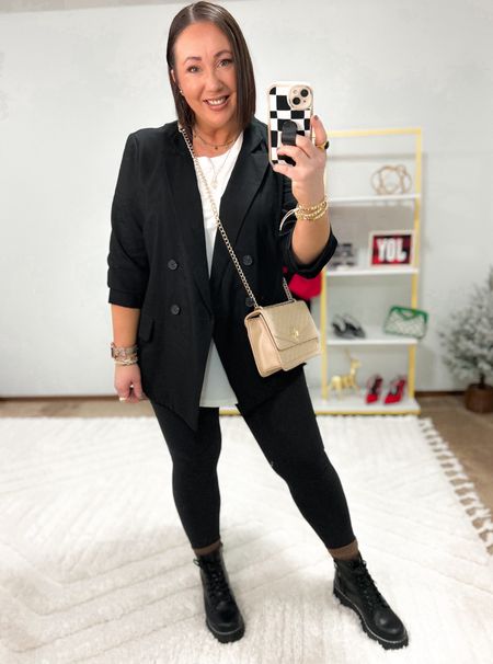 OOTN!  Wearing a large in the blazer and xl tee. Size large leggings. The best crew socks from Amazon!  Boots are under $28 and fit tts. Love this crossbody bag to dress up just about any look!  

#LTKover40 #LTKmidsize #LTKfindsunder50