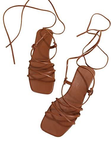 GORGLITTER Women's Summer Strappy Beach Sandals For Women 2025 Leather Lace Up Shoes Brown CN39 | Amazon (US)