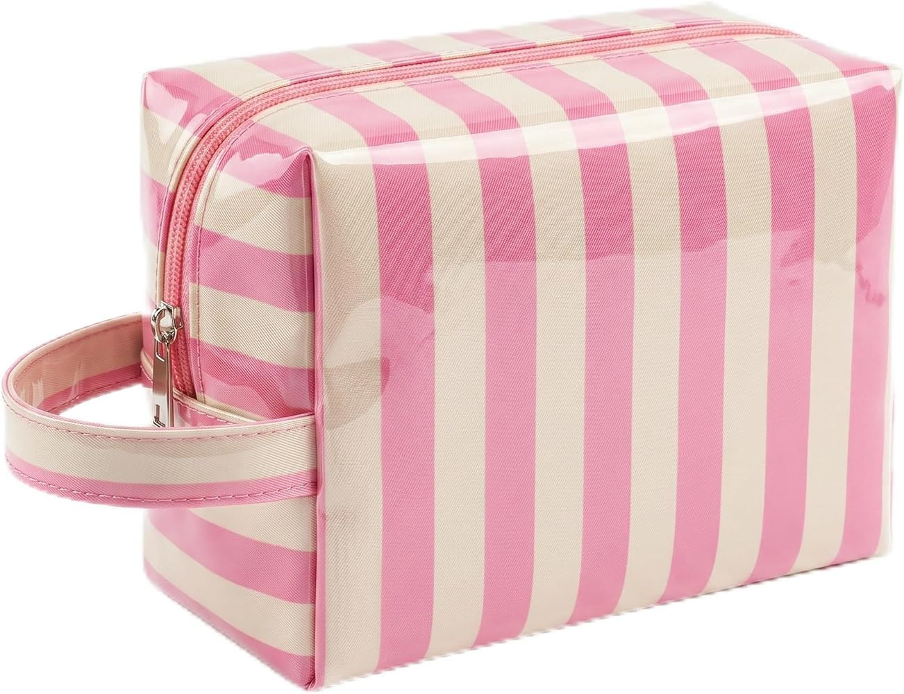 Preppy Pink Beige Stripe Clear Makeup Bag, Waterproof PVC Travel Toiletry Bag, Travel Beach Makeu... | Amazon (US)