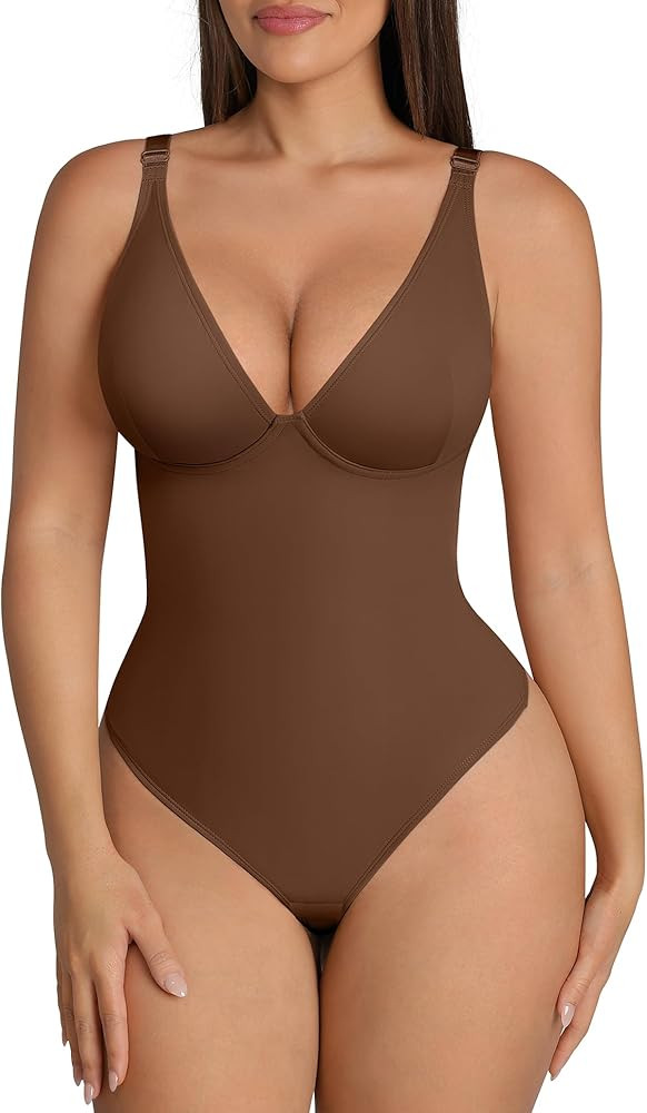 FeelinGirl Shapewear Bodysuits for Women Tummy Control Body Suits Deep V Neck Thong Body Shaper | Amazon (US)